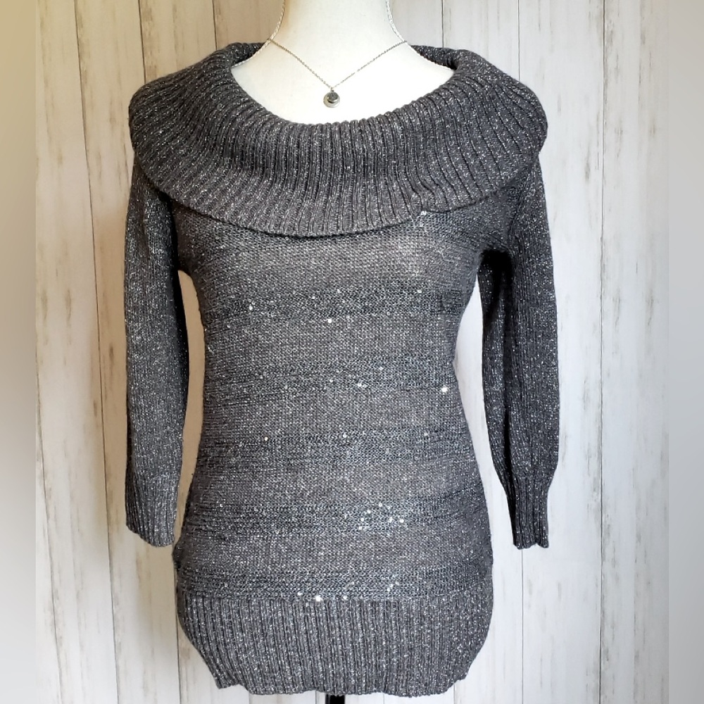 Ladies Large Grey- stripped off the shoulder sweater